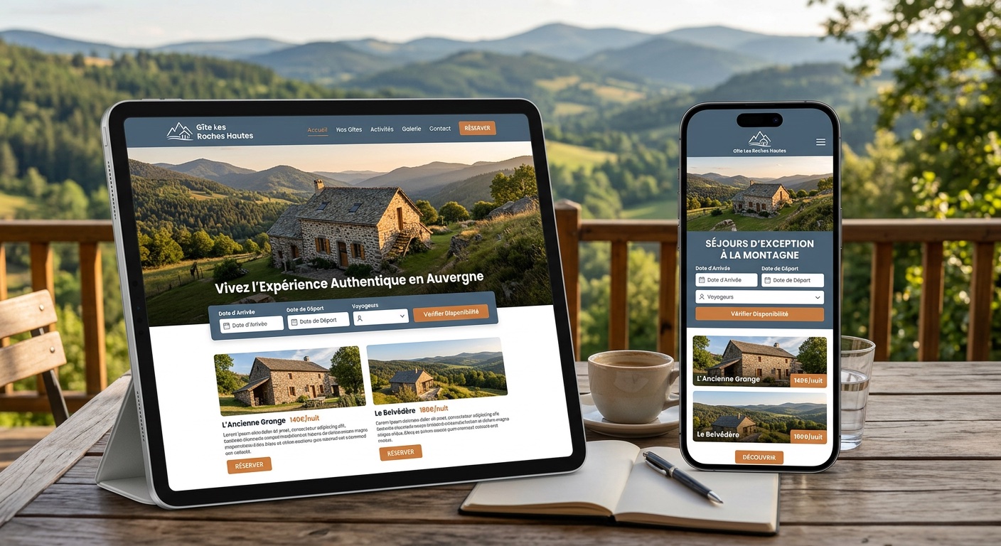 Interface de site web de gîte affichée sur tablette et smartphone, design moderne et immersif
